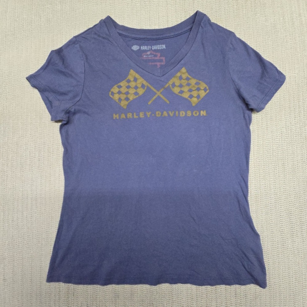 Harley-Davidson Shirt Womens Medium Blue V Neck Racing Flags Graphic Tee Biker